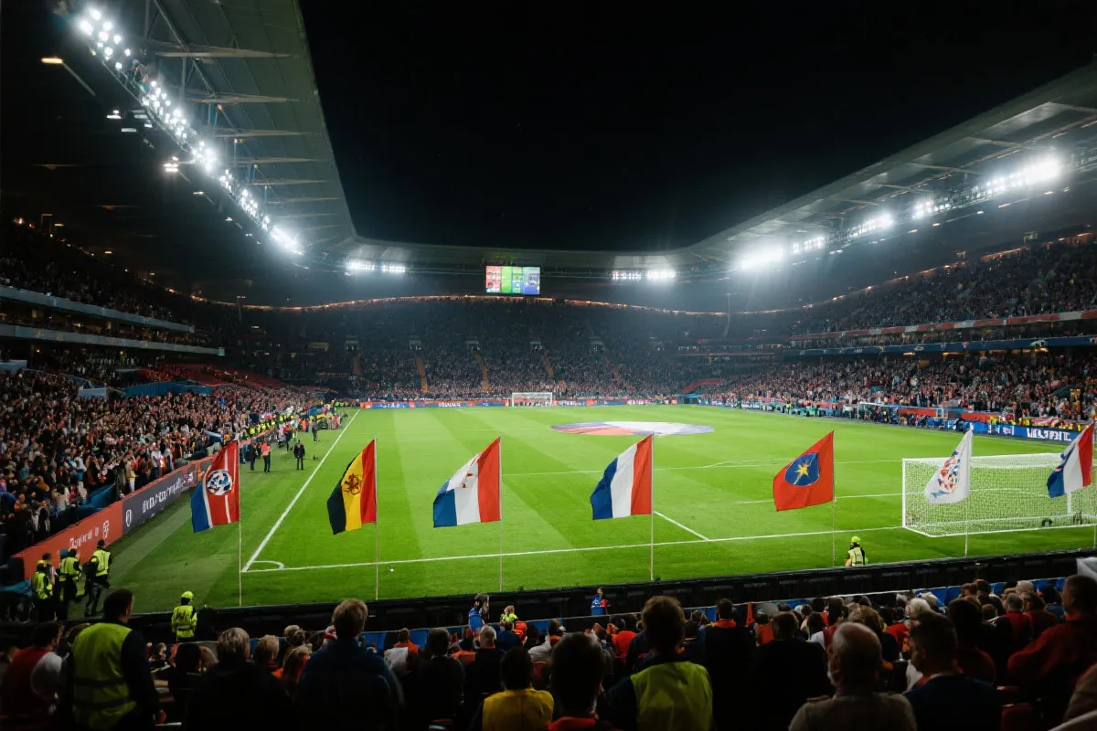 世界杯决赛日体育场内观众席与灯光，旗帜飘动与聚焦的球场草地