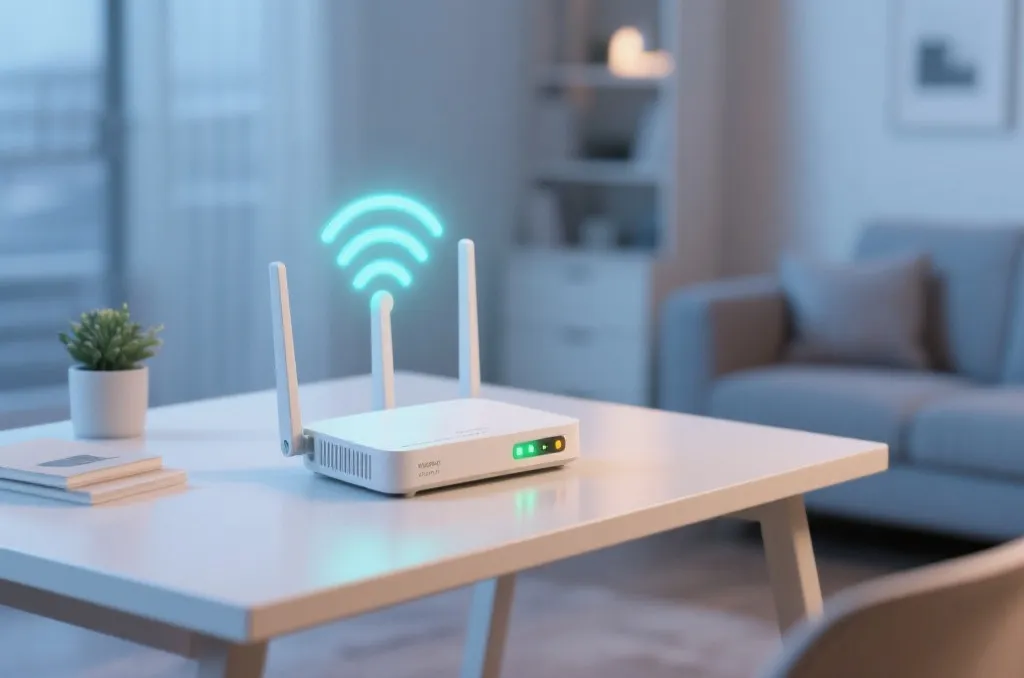 An abstract concept of high-speed network optimization, showing a router with glowing signal indicators and a clean home workspace, editorial style